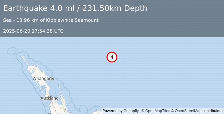 Earthquake SOUTH OF KERMADEC ISLANDS (4.0 ml) (2025-06-20 17:54:38 UTC)