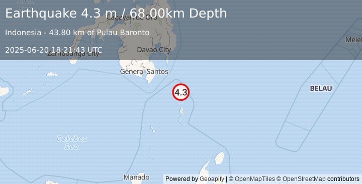Earthquake MINDANAO, PHILIPPINES (4.3 m) (2025-06-20 18:21:43 UTC)