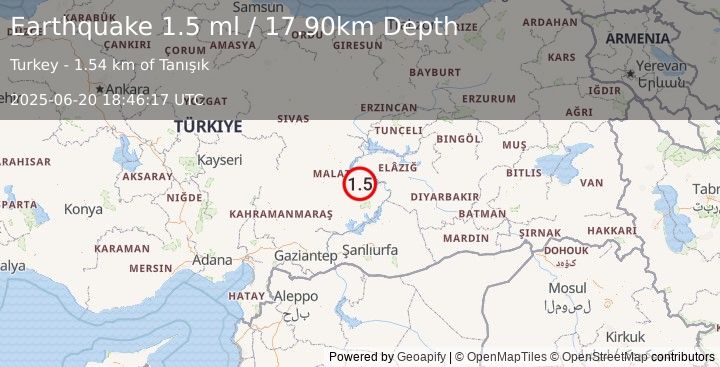 Earthquake EASTERN TURKEY (1.5 ml) (2025-06-20 18:46:17 UTC)