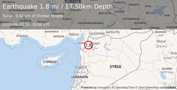 Earthquake TURKEY-SYRIA BORDER REGION (1.8 ml) (2025-06-20 19:28:08 UTC)