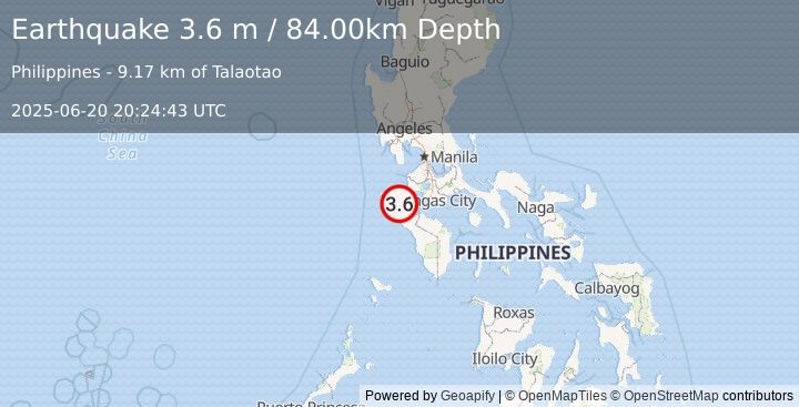 Earthquake MINDORO, PHILIPPINES (3.6 m) (2025-06-20 20:24:43 UTC)
