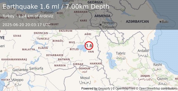 Earthquake EASTERN TURKEY (1.6 ml) (2025-06-20 20:03:17 UTC)