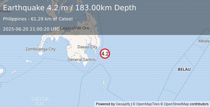 Earthquake MINDANAO, PHILIPPINES (4.3 m) (2025-06-20 21:00:23 UTC)