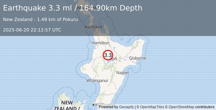 Earthquake NORTH ISLAND OF NEW ZEALAND (3.3 ml) (2025-06-20 22:12:57 UTC)