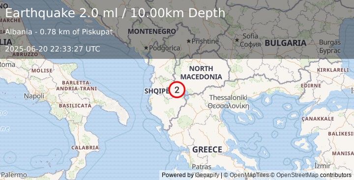 Earthquake REPUBLIC OF NORTH MACEDONIA (2.4 ml) (2025-06-20 22:33:26 UTC)