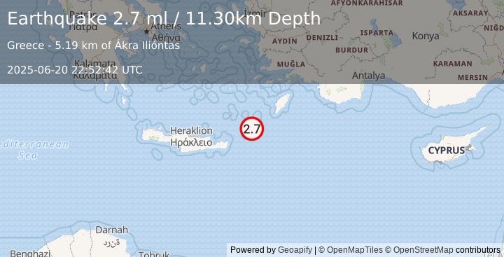 Earthquake DODECANESE ISLANDS, GREECE (2.7 ml) (2025-06-20 22:52:42 UTC)