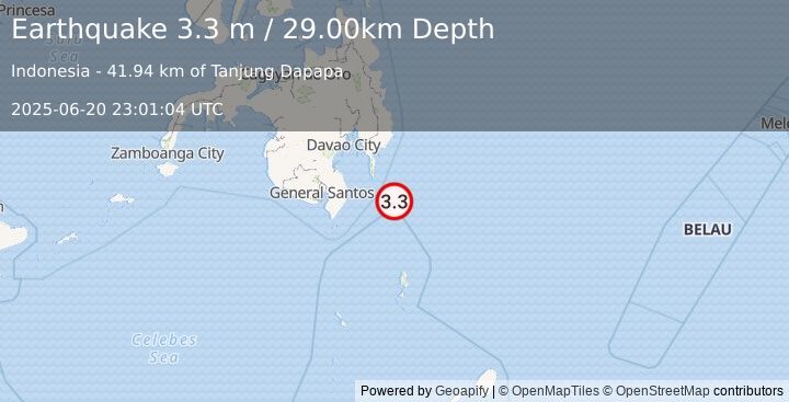 Earthquake MINDANAO, PHILIPPINES (3.3 m) (2025-06-20 23:01:04 UTC)