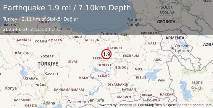 Earthquake EASTERN TURKEY (1.9 ml) (2025-06-20 23:15:23 UTC)