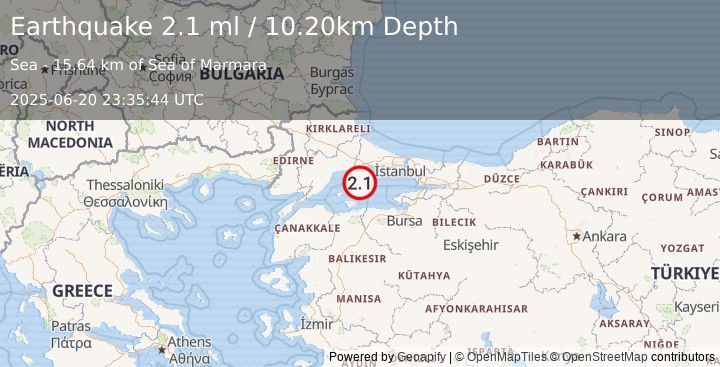 Earthquake WESTERN TURKEY (2.1 ml) (2025-06-20 23:35:44 UTC)