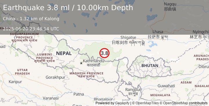 Earthquake WESTERN XIZANG (3.7 ml) (2025-06-20 23:48:17 UTC)