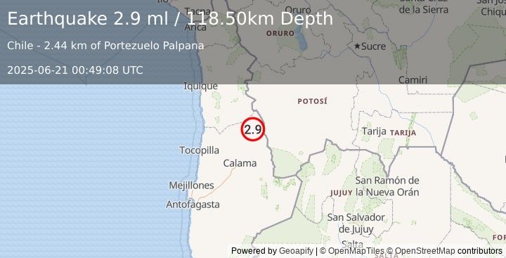 Earthquake ANTOFAGASTA, CHILE (2.9 ml) (2025-06-21 00:49:08 UTC)