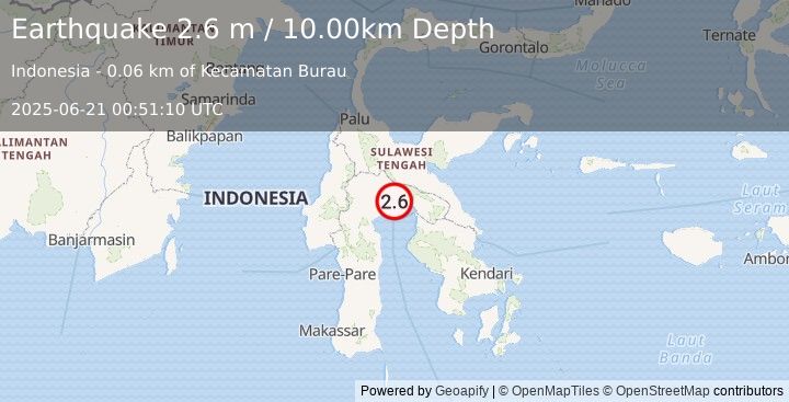 Earthquake SULAWESI, INDONESIA (2.6 m) (2025-06-21 00:51:10 UTC)