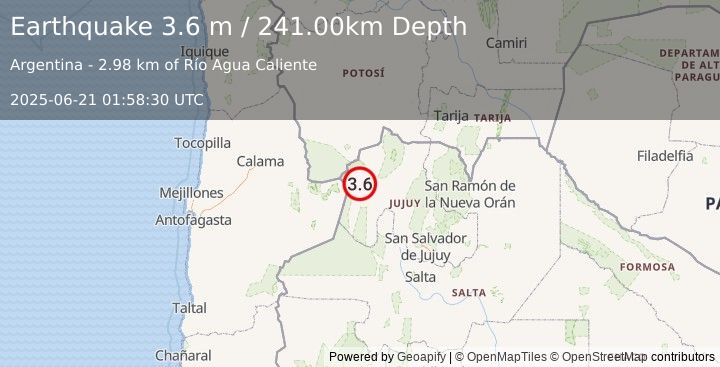 Earthquake POTOSI, BOLIVIA (3.4 m) (2025-06-21 01:58:57 UTC)