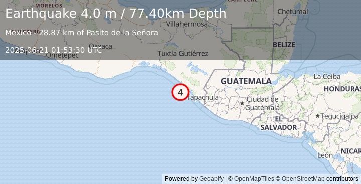 Earthquake OFFSHORE CHIAPAS, MEXICO (4.0 m) (2025-06-21 01:53:30 UTC)