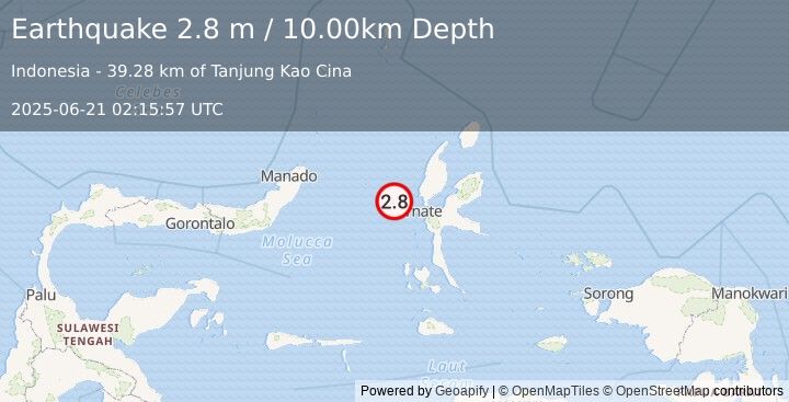 Earthquake MOLUCCA SEA (2.8 m) (2025-06-21 02:15:57 UTC)