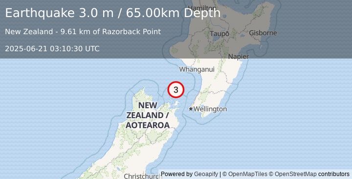Earthquake COOK STRAIT, NEW ZEALAND (3.0 m) (2025-06-21 03:10:30 UTC)