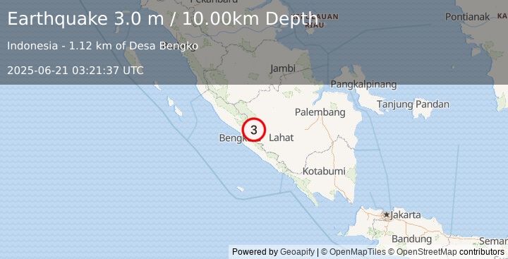 Earthquake SOUTHERN SUMATRA, INDONESIA (3.0 m) (2025-06-21 03:21:37 UTC)