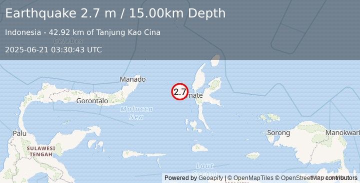 Earthquake MOLUCCA SEA (2.7 m) (2025-06-21 03:30:43 UTC)