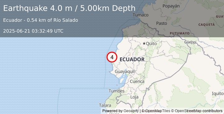 Earthquake NEAR COAST OF ECUADOR (4.0 m) (2025-06-21 03:32:49 UTC)