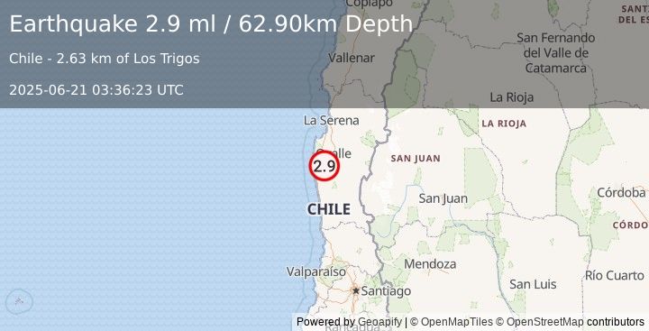Earthquake COQUIMBO, CHILE (2.9 ml) (2025-06-21 03:36:23 UTC)