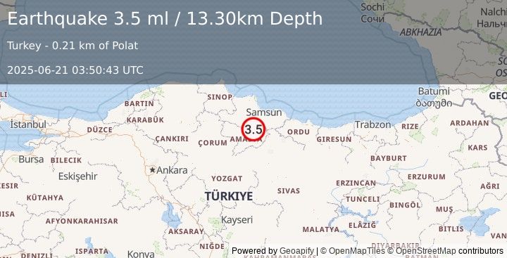 Earthquake CENTRAL TURKEY (3.5 ml) (2025-06-21 03:50:43 UTC)