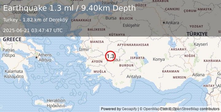 Earthquake WESTERN TURKEY (1.3 ml) (2025-06-21 03:47:47 UTC)