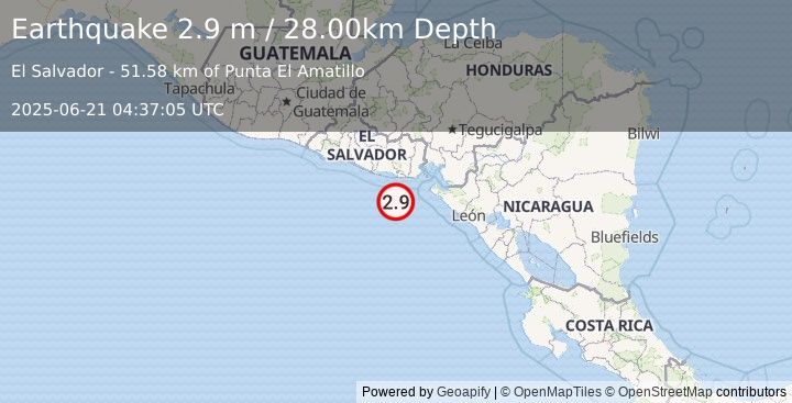 Earthquake OFFSHORE EL SALVADOR (2.9 m) (2025-06-21 04:37:05 UTC)
