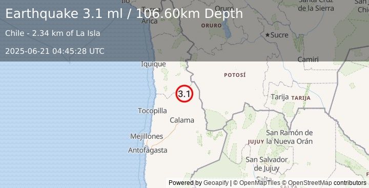 Earthquake ANTOFAGASTA, CHILE (3.1 ml) (2025-06-21 04:45:28 UTC)