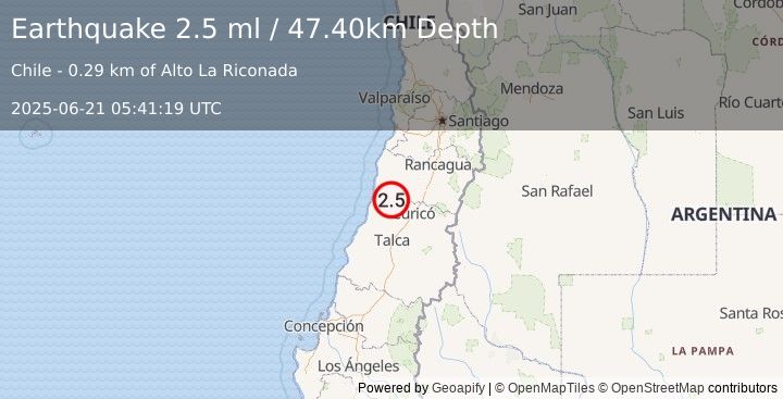 Earthquake LIBERTADOR O'HIGGINS, CHILE (2.5 ml) (2025-06-21 05:41:19 UTC)