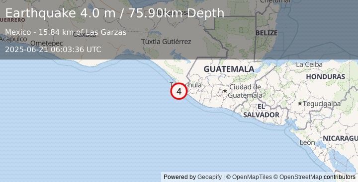 Earthquake OFFSHORE CHIAPAS, MEXICO (4.0 m) (2025-06-21 06:03:36 UTC)