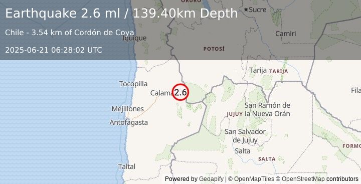 Earthquake ANTOFAGASTA, CHILE (2.6 ml) (2025-06-21 06:28:02 UTC)