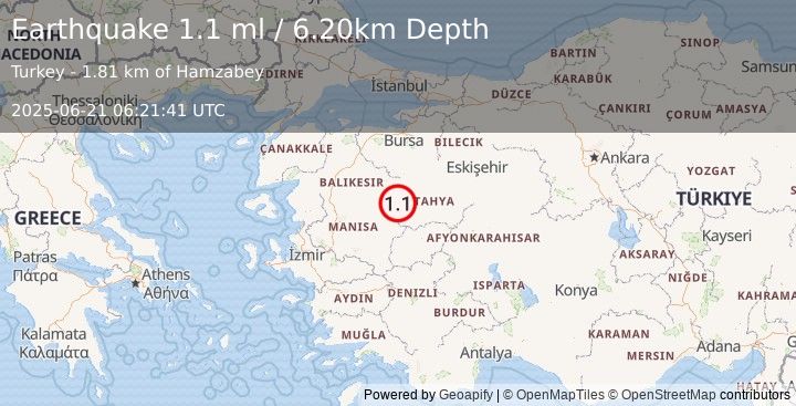 Earthquake WESTERN TURKEY (1.1 ml) (2025-06-21 06:21:41 UTC)