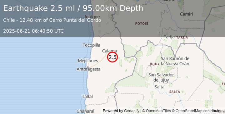 Earthquake ANTOFAGASTA, CHILE (2.5 ml) (2025-06-21 06:40:50 UTC)