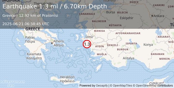 Earthquake DODECANESE ISLANDS, GREECE (1.3 ml) (2025-06-21 06:38:45 UTC)