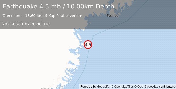 Earthquake NORTH ATLANTIC OCEAN (4.5 mb) (2025-06-21 07:28:00 UTC)