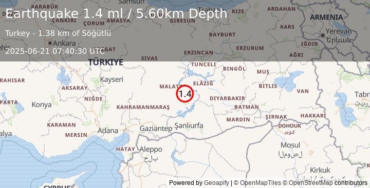 Earthquake EASTERN TURKEY (1.4 ml) (2025-06-21 07:40:30 UTC)