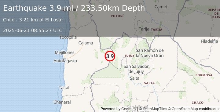 Earthquake ANTOFAGASTA, CHILE (3.9 ml) (2025-06-21 08:55:27 UTC)
