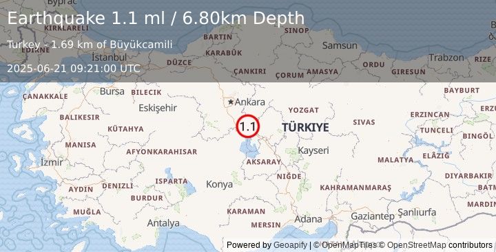 Earthquake CENTRAL TURKEY (1.1 ml) (2025-06-21 09:21:00 UTC)