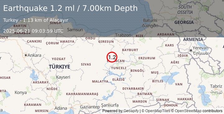 Earthquake EASTERN TURKEY (1.2 ml) (2025-06-21 09:03:59 UTC)