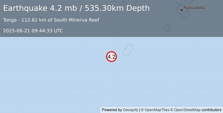 Earthquake SOUTH OF FIJI ISLANDS (4.2 mb) (2025-06-21 09:44:33 UTC)