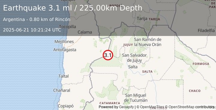 Earthquake SALTA, ARGENTINA (3.1 ml) (2025-06-21 10:21:24 UTC)