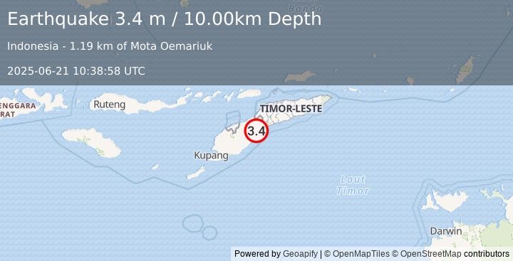 Earthquake EAST TIMOR REGION (3.4 m) (2025-06-21 10:38:58 UTC)