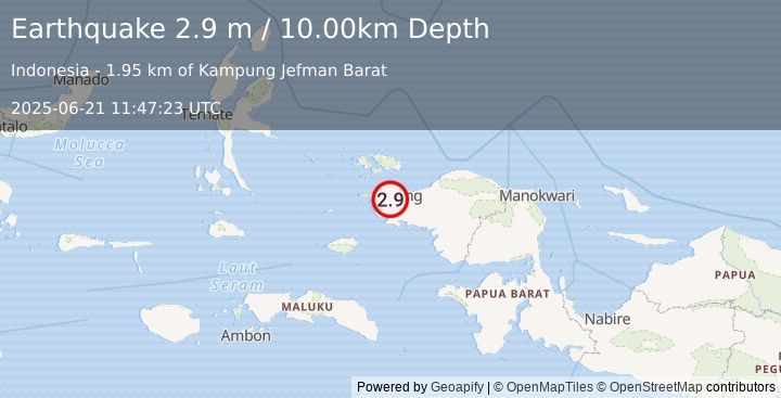 Earthquake NEAR N COAST OF PAPUA, INDONESIA (2.9 m) (2025-06-21 11:47:23 UTC)