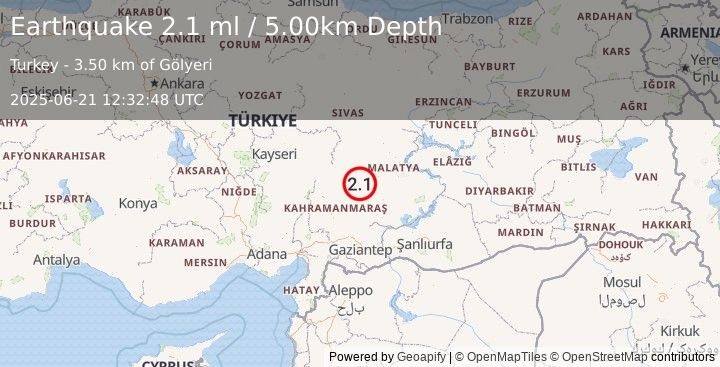 Earthquake CENTRAL TURKEY (2.1 ml) (2025-06-21 12:32:48 UTC)