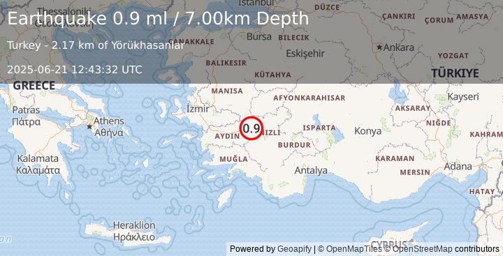 Earthquake WESTERN TURKEY (0.9 ml) (2025-06-21 12:43:32 UTC)