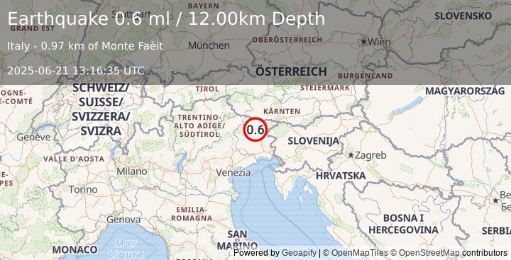 Earthquake NORTHERN ITALY (0.6 ml) (2025-06-21 13:16:35 UTC)