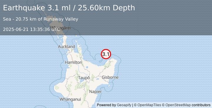 Earthquake OFF E. COAST OF N. ISLAND, N.Z. (3.1 ml) (2025-06-21 13:35:36 UTC)