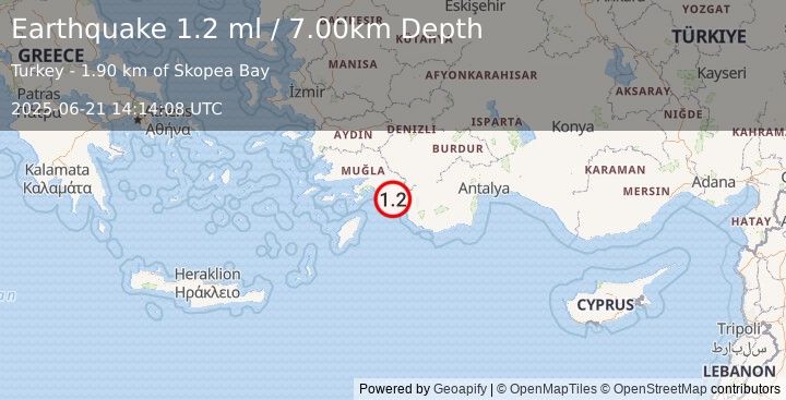 Earthquake DODECANESE IS.-TURKEY BORDER REG (1.2 ml) (2025-06-21 14:14:08 UTC)