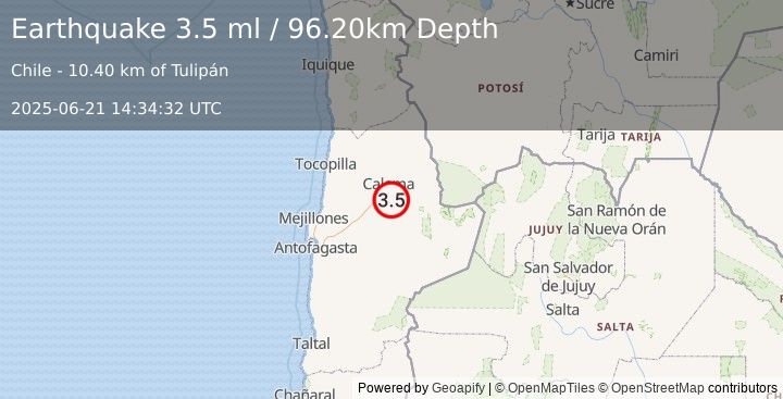 Earthquake ANTOFAGASTA, CHILE (3.5 ml) (2025-06-21 14:34:32 UTC)