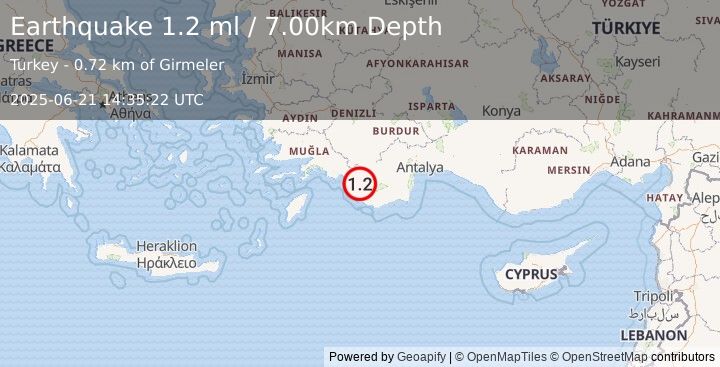 Earthquake WESTERN TURKEY (1.2 ml) (2025-06-21 14:35:22 UTC)